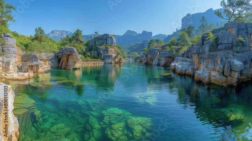  Beautiful lake surrounded by clear water and towering rock formations in the background  Antalya Canada. Created with Ai