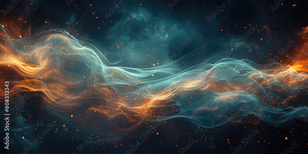 Concept art of the ocean in space, nebulae, waves made of light and energy, blue color scheme. Created with Ai