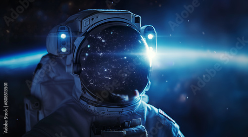 An astronaut in space, their helmet visor reflecting stars and Earth