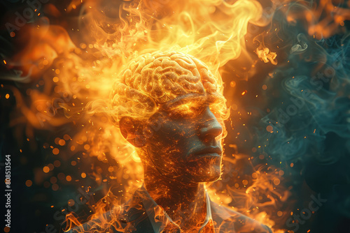  A person's head is engulfed in flames, creating an intense visual effect., focus on face. Created with Ai