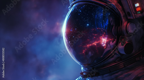 An astronaut's helmet reflecting the vibrant colors of distant galaxies