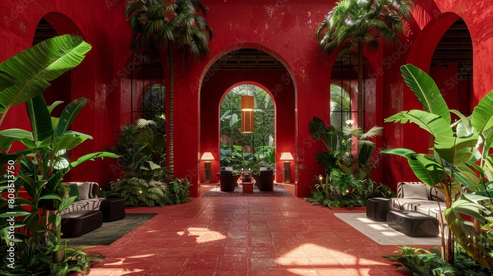 Eclectic red-themed area with impressive archways and green plant life, merging tradition with modernity in raw visual style