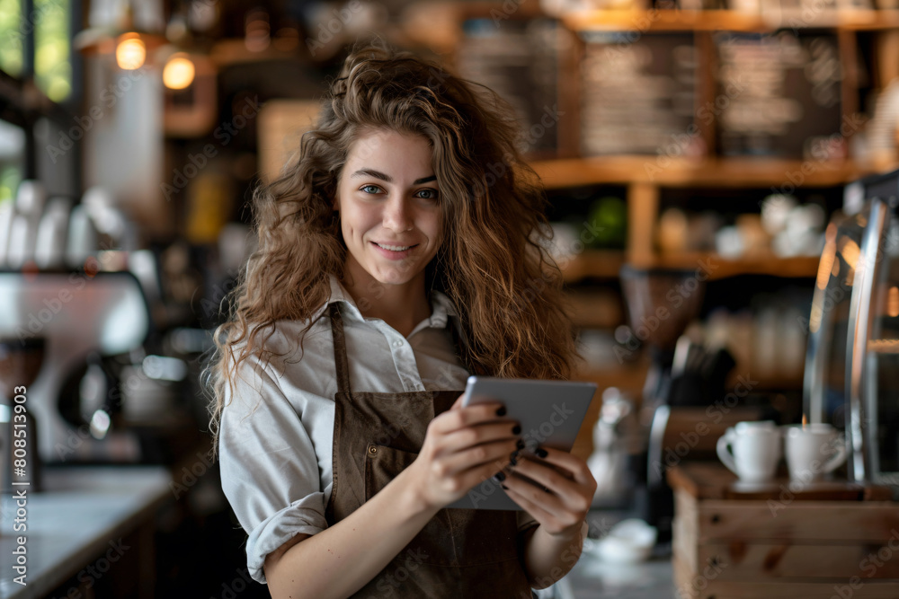 a woman is holding a tablet in a coffee shop