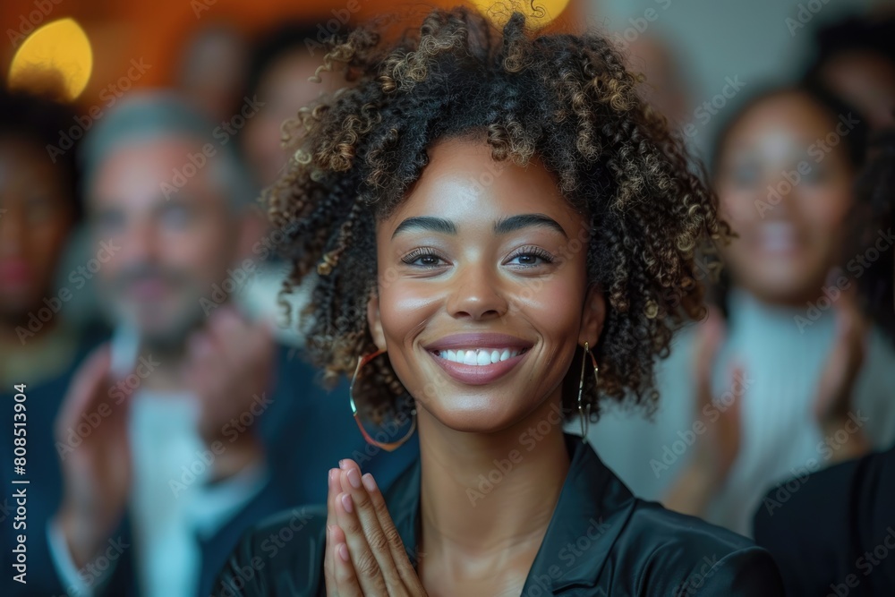 Fototapeta premium Black woman, Target growth, finance team and diversity of business group clapping for support and happiness. Company success. Generative AI