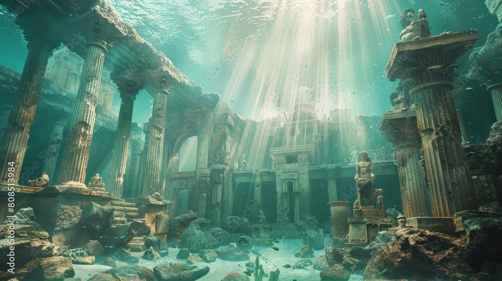 Dreamy vista of Atlantis, viewed through a mist, with vibrant light cascading over legendary temples and marble statues underwater