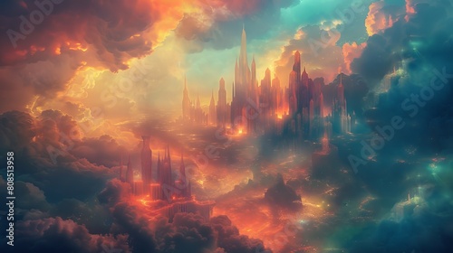 Dreamlike depiction of Atlantis with luminous buildings and a dramatic, colorful sky, mystical ambiance, raw style