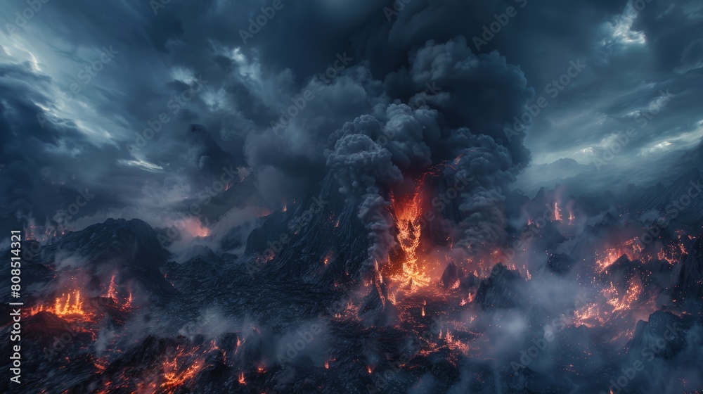 Dramatic close-up of a mythical hell city, with dense smoke and molten lava under a gloomy sky