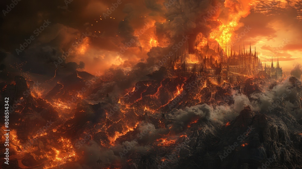 Dramatic close-up of a mythical hell city, with dense smoke and molten lava under a gloomy sky