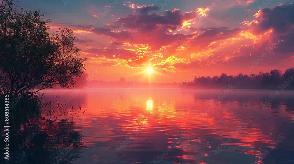Wonderfully embellished lakeside sunset. Generative Ai
