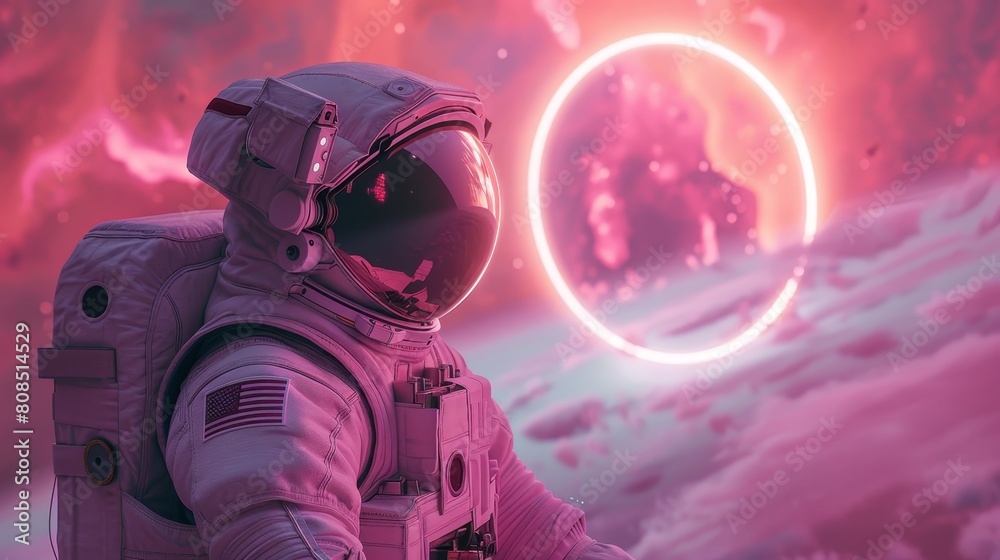Detailed portrayal of an astronaut's space suit texture, pink celestial body with a glowing ring in the surreal expanse Detailed portrayal of an astronaut's space suit texture, pink celestial body with a glowing ring in the surreal expanse
