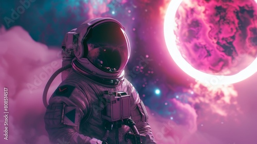 Detailed portrayal of an astronaut's space suit texture, pink celestial body with a glowing ring in the surreal expanse photo