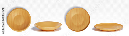 3d wood plate top view. Wooden round food bowl. Empty circular serving bamboo texture board for picnic. Realistic dish kitchenware accessory mockup. Pizza or salad dinner eco friendly natural product