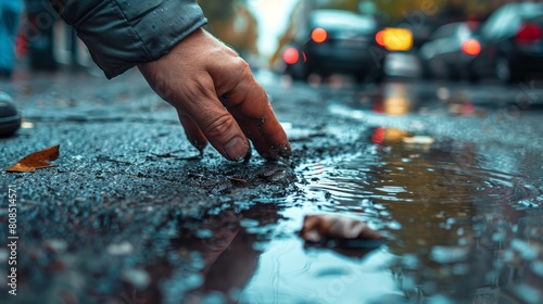 Detailed image of a hand cleaning up a city street, contrast between nature and urban elements, raw, unedited look