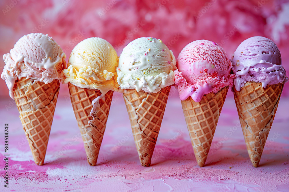 Waffle cones with scoops of ice cream on pink background, front view close-up. Waffle cones with scoops of ice cream on pink background, front view close-up.