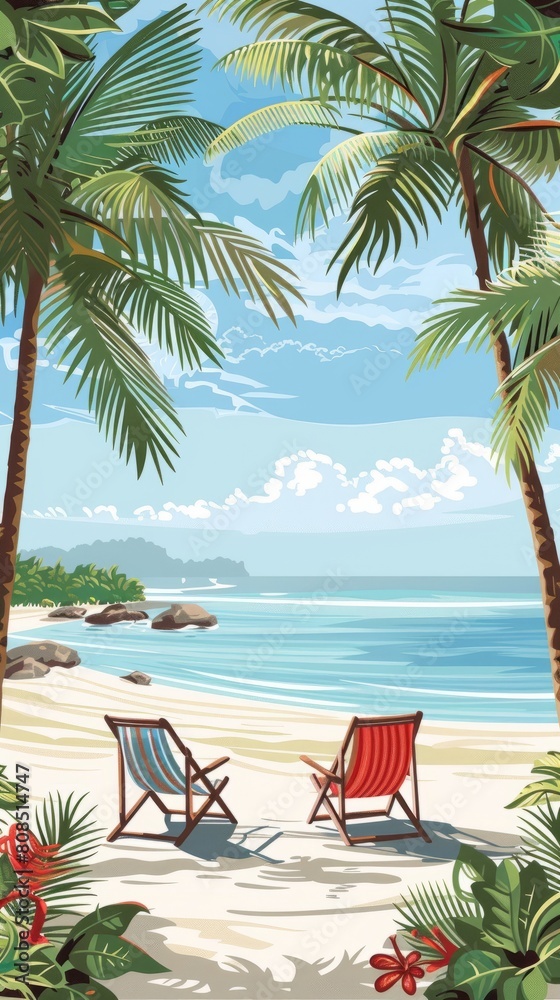A painting featuring two lawn chairs positioned on a sandy tropical beach. Copy space. Vacation mood. A painting featuring two lawn chairs positioned on a sandy tropical beach. Copy space. Vacation mood.