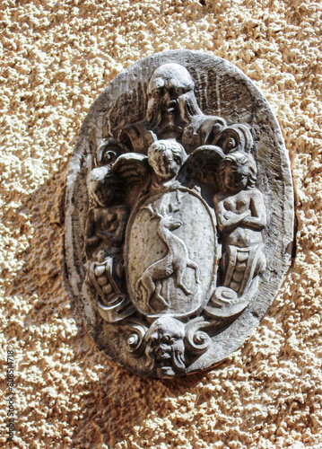 One of the coats of arms of the former owners of the castle on the outer wall of Konopiste Castle in the Czech Republic
