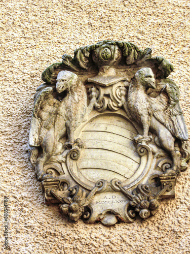 One of coats of arms of former owners of the castle on the outer wall of Konopiste Castle in the Czech Republic