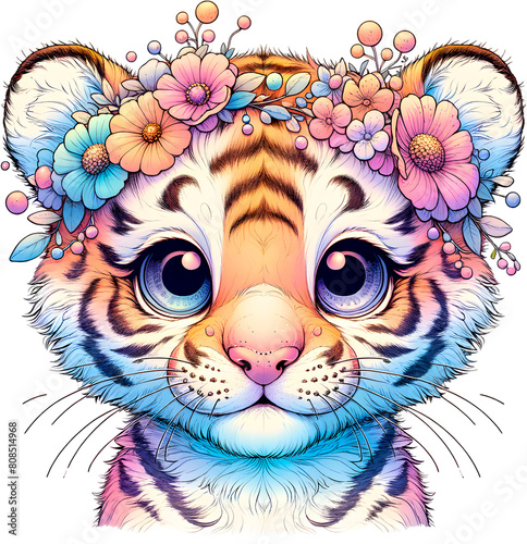 Watercolor cub tigr with a wreath of flowers on his head. Cute cartoon character isolated on white background. Kawaii jaguar cub wearing flower crown, adorable portrait or children's book illustration photo