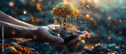 Human interaction with nature, holding a vibrant tree on Earth Day photo