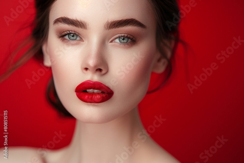 portrait image of beautiful brunette french high fashion model wearing gorgeous red lipstick with pale skin natural beauty shot in a studio with professional studio lighting and a red background 