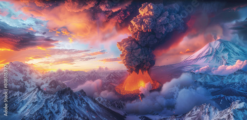 an erupting volcano with smoke and ash in the sky, set against the backdrop of snowcapped mountains under a fiery sunset. photo