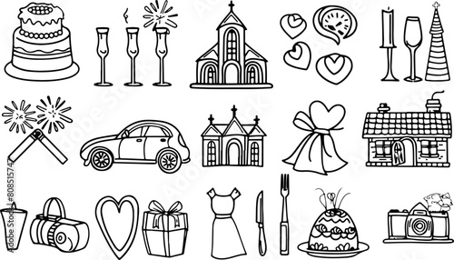 set of wedding icons, hand drawn doodle style vector illustration with white background