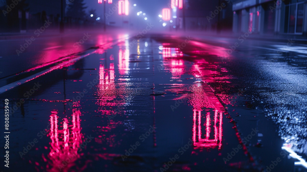 Neon burgundy shapes reflecting on wet asphalt in a dark, deserted street, night fog.