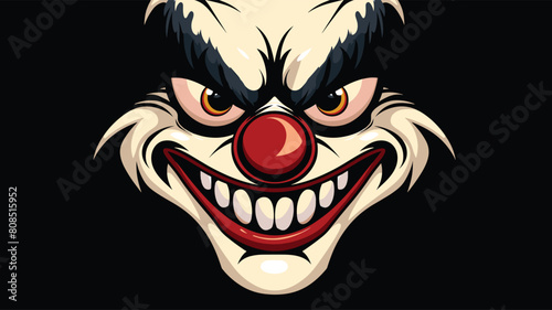 Evil clown face showing menacing smile teeth sharp fierce expression scary makeup. Horror themed graphic, clown horror face red nose white paint dark background. Sinister illustration creepy