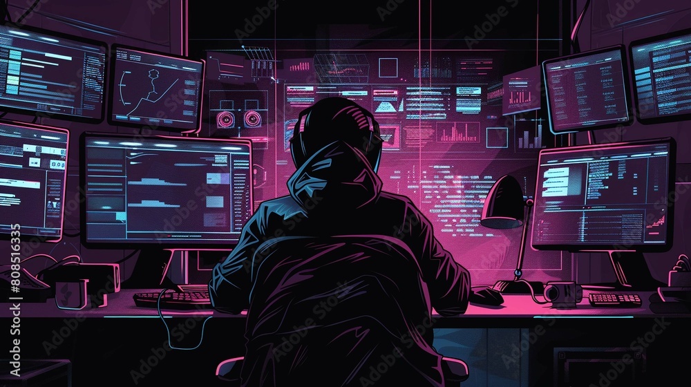 A shadowy hacker trading stolen data on a dark web marketplace, surrounded by multiple screens displaying illicit transactions , futuristic background