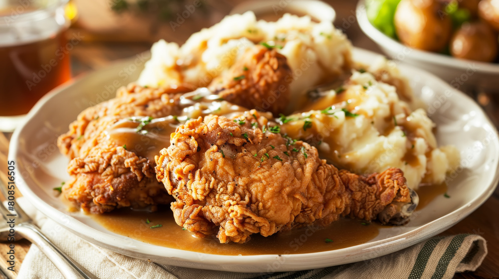 Home-style fried chicken and mashed potatoes covered in rich brown gravy, garnished with herbs Home-style fried chicken and mashed potatoes covered in rich brown gravy, garnished with herbs