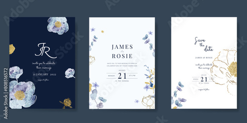 Navy Blue Luxury Wedding Invitation, floral invite thank you, rsvp modern card Design in gold flower with  leaf greenery  branches decorative Vector elegant rustic template