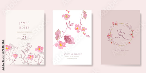 Luxury Pink Wedding Invitation, floral invite thank you, rsvp modern card Design in water color flower with leaf greenery branches decorative Vector elegant rustic template
