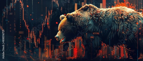 Stock market decline illustrated by a bear with background of dropping chart lines