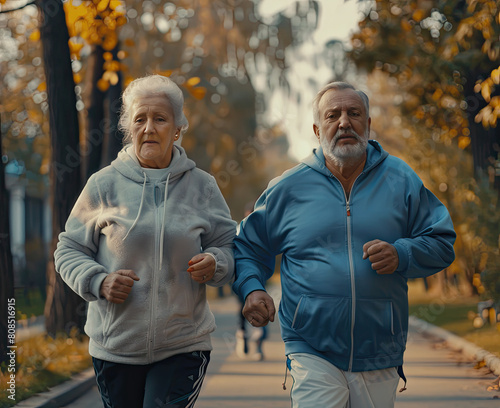 Portrait of lovely happy elderly couple on morning run outside in city park © Sattawat