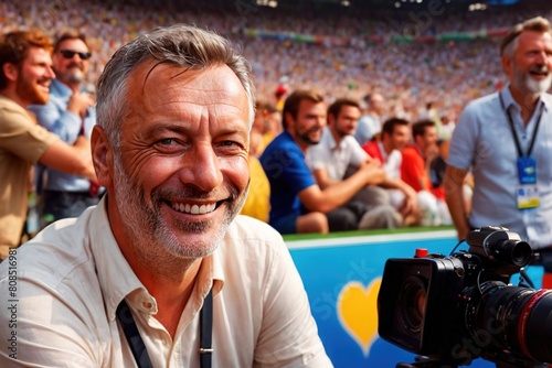 Smiling confident football soccer manager, coach, or commentator, in match stadium photo
