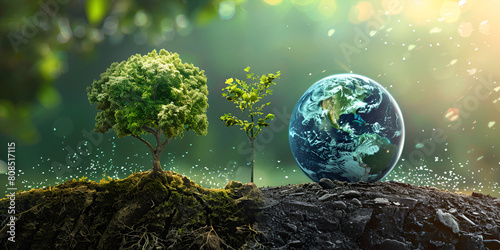 Earth day and tree day concept earth globe with tree Ecological friendly and sustainable environment Earth friendly embodies the concept of saving the environment