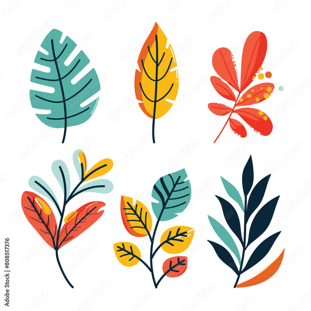 Fototapeta premium Collection six tropical leaves vibrant colors, decorative foliage design elements. Botanical graphics set stylized leaf shapes, natural elements icons isolated white background. Colorful flora