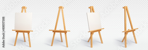 Brown wooden easel empty and with white blank canvas in different angles of view. Realistic 3d vector illustration set of artist equipment mockup. Painter board or frame on wood tripod stand.
