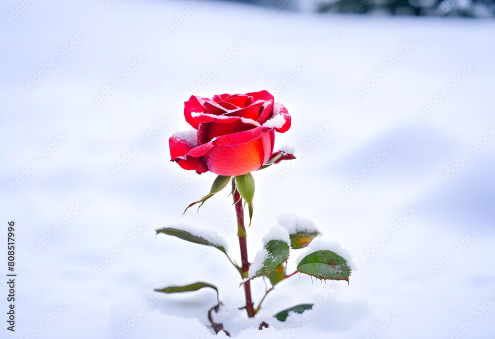 A single red rose laying in the snow with a mountain A single red rose laying in the snow with a mountain