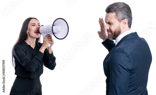 business conflict. businesswoman yelling at employee with loudspeaker. Unfair blaming. businesspeople partner having conflict about promotion. businesspeople solving conflict. rivalry concept