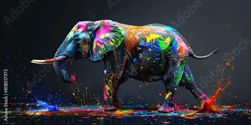 Painted splash on Elephant Standing in Front of Mural Wall Color Paint Painted Elephant In Colorful On A Dark Background photo