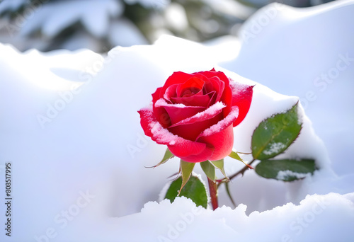A red rose covered in snow with a mountain in the background