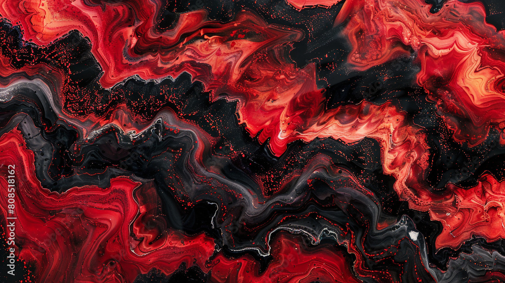 High-Gloss Marble Finish in Fiery Red and Black Alcohol Ink Waves, Ultra HD. High-Gloss Marble Finish in Fiery Red and Black Alcohol Ink Waves, Ultra HD.
