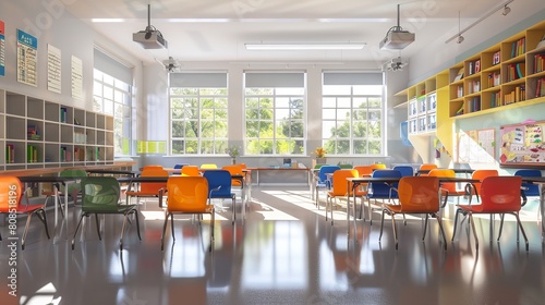 Bright Classroom Setting: Rows of Chairs Facing Forward in School Environment - Educational Concept photo