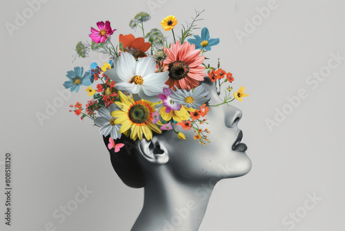 Surreal Floral Headpiece on Monochrome Female Statue © inspiring 