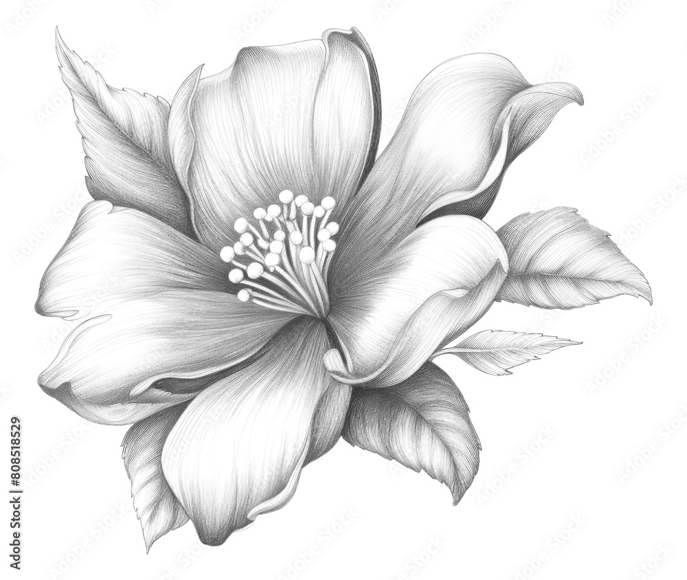 PNG Realistic pencil vintage drawing *flower badge* pencil sketch texture, black & white color, isolated on white paper, isolated --s 0 --ar 3:2