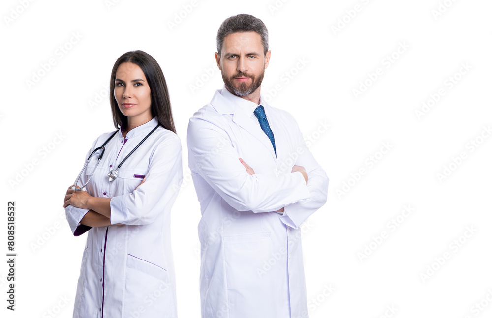 doctor with stethoscope isolated on white. professional physician in white coat with medical woman. medicine and healthcare. doctor at hospital. two doctor in medical practice. copy space doctor with stethoscope isolated on white. professional physician in white coat with medical woman. medicine and healthcare. doctor at hospital. two doctor in medical practice. copy space