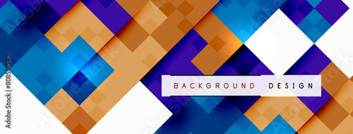 A vibrant background design featuring blue and orange squares with elements of symmetry, triangles, rectangles, and violet accents. Perfect for textile, flooring, or art projects