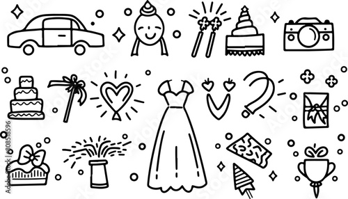 set of wedding icons, hand drawn doodle style vector illustration with white background