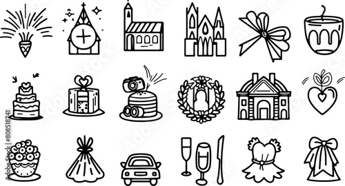set of wedding icons, hand drawn doodle style vector illustration with white background photo